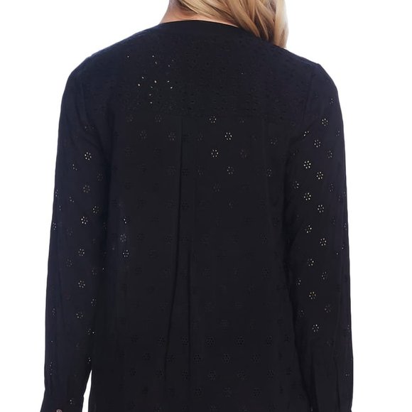 Vince Camuto Long Sleeve Split Neck Embroidered Black Blouse - Picture 5 of 10